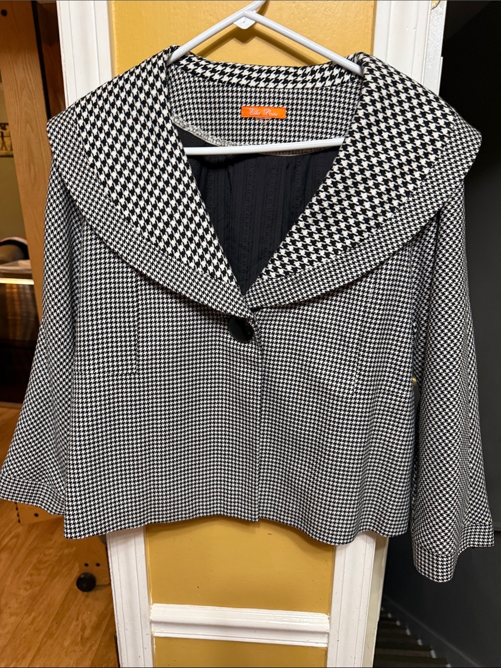 Ella Rose Black & White Houndstooth Single-Button Blazer Shawl collar3/4 sleeve